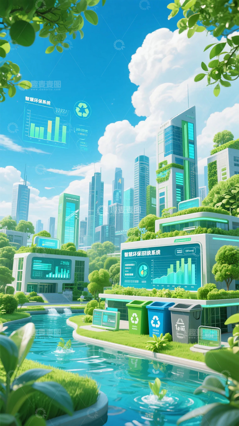 高清大图下载【趣麦麦图】智能城市环保插画