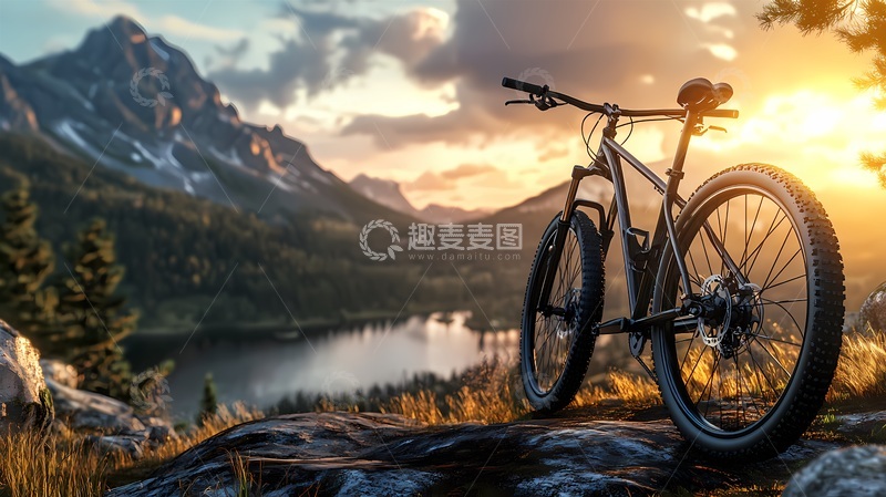高清大图下载【趣麦麦图】山地车湖畔日落美景