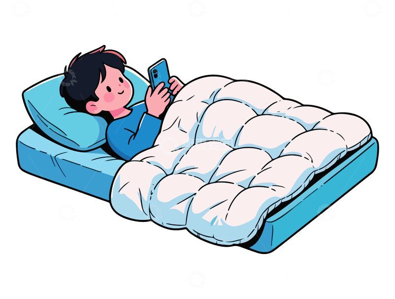 源文件下载【趣麦麦图】-卡通人物床上玩手机插画