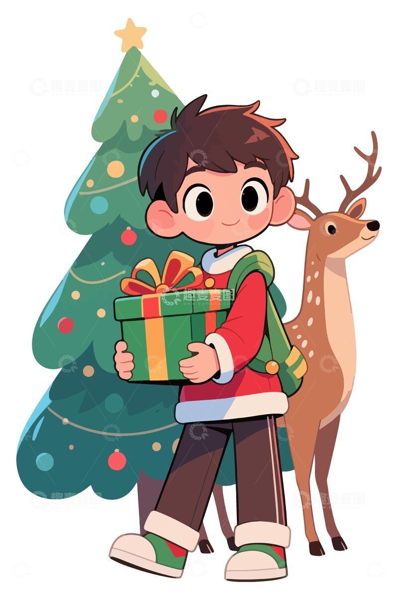 源文件下载【趣麦麦图】卡通圣诞少年送礼物插画