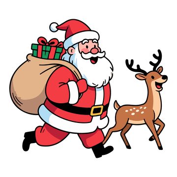圣诞老人驯鹿送礼物卡通插画