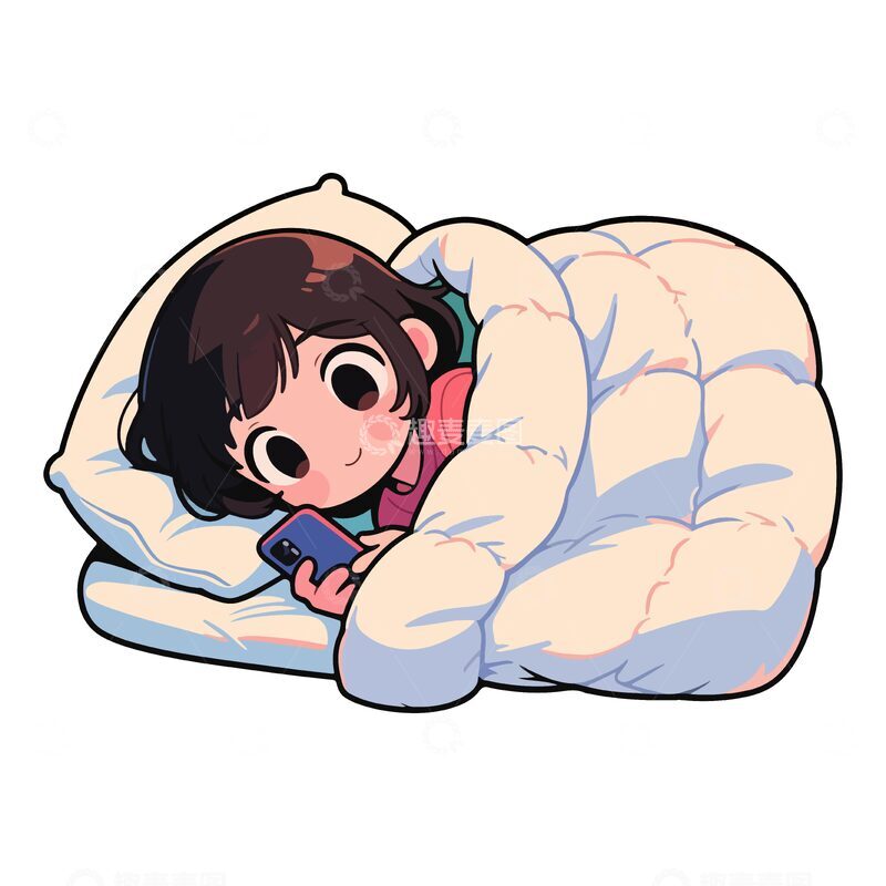 源文件下载【趣麦麦图】卡通女孩盖被玩手机
