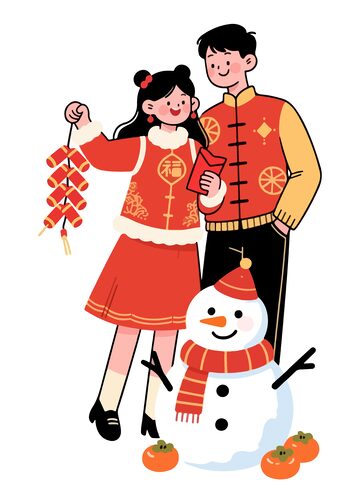 新年欢乐雪人情侣插画