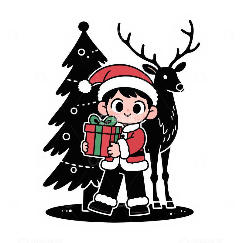 源文件下载【趣麦麦图】卡通圣诞礼物小鹿插画