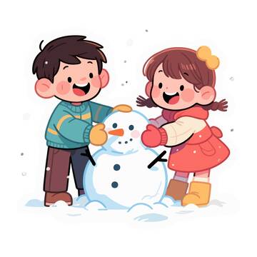 冬日童趣堆雪人卡通插画