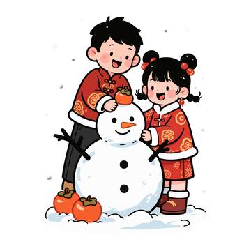 卡通春节堆雪人喜庆插画