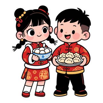 春节卡通人物汤圆饺子插画