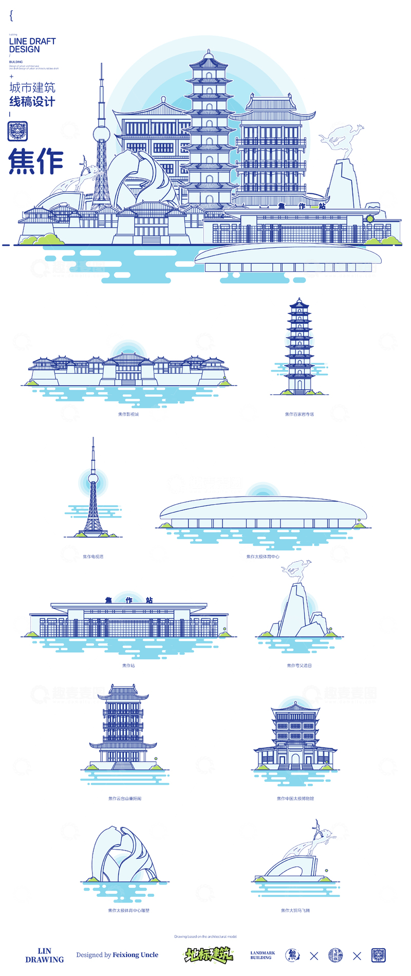 源文件下载【趣麦麦图】-河南焦作城市地标矢量建筑线描海报
