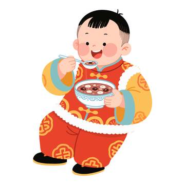 卡通春节小孩吃腊八粥插画