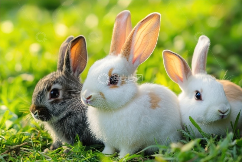 高清大图下载【趣麦麦图】草地上蹲着一窝兔子
