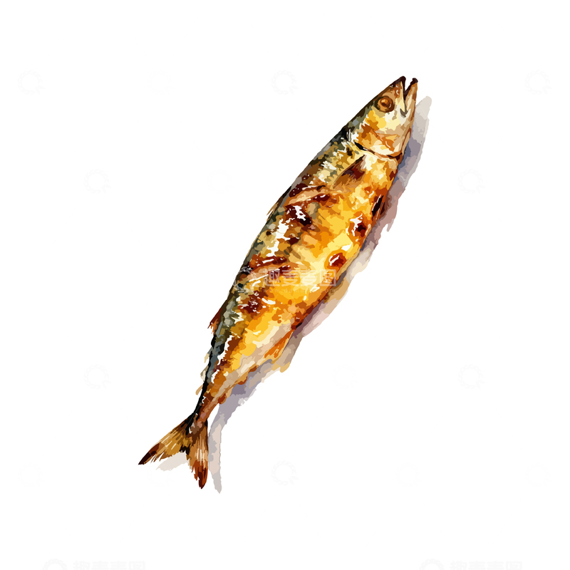 源文件下载【趣麦麦图】水彩烤秋刀鱼美食插画素材