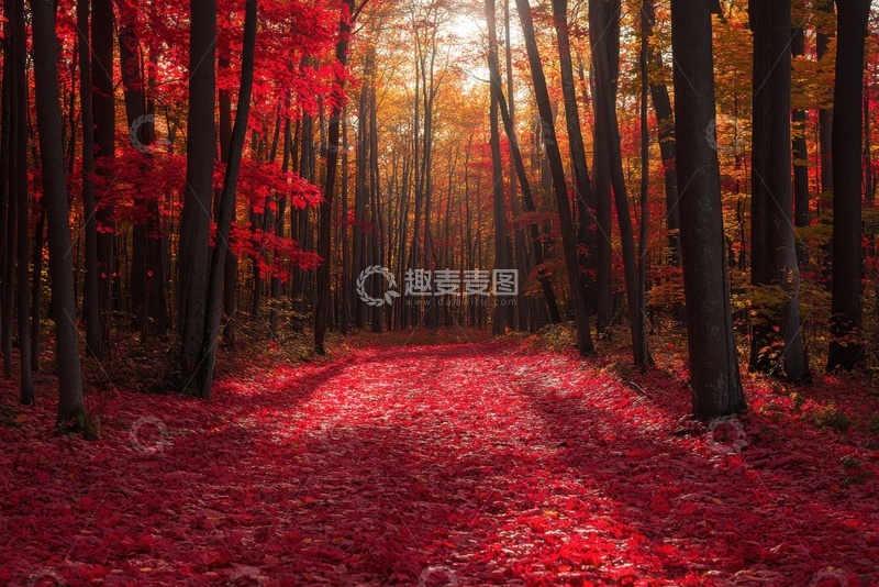 高清大图下载【趣麦麦图】-洛满红色树叶的森林