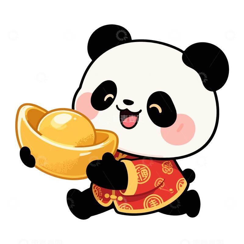 源文件下载【趣麦麦图】熊猫抱金元宝喜庆卡通插画素材