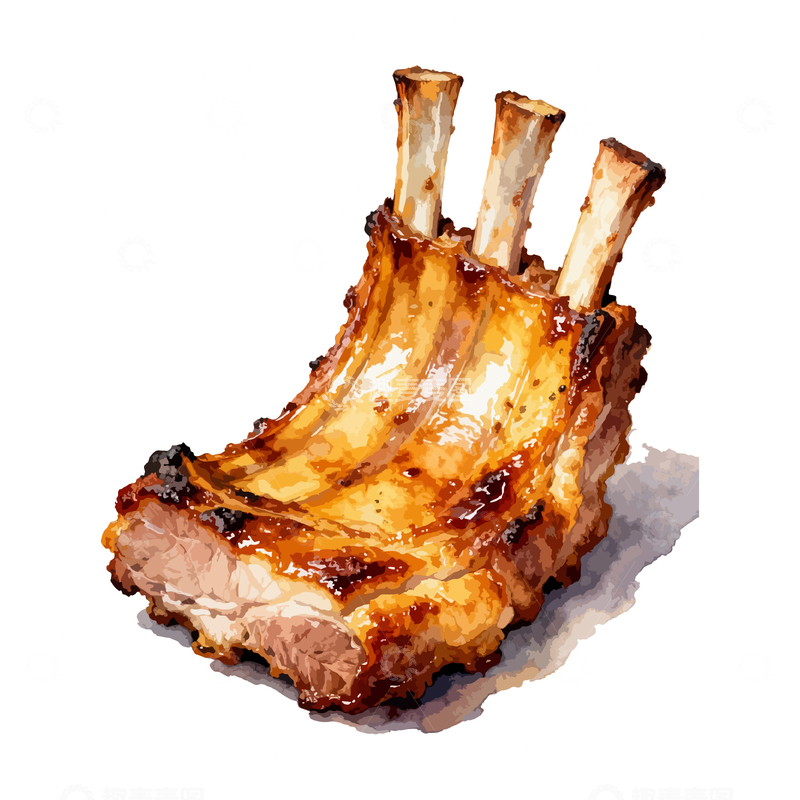 源文件下载【趣麦麦图】水彩画烤猪排美食插画