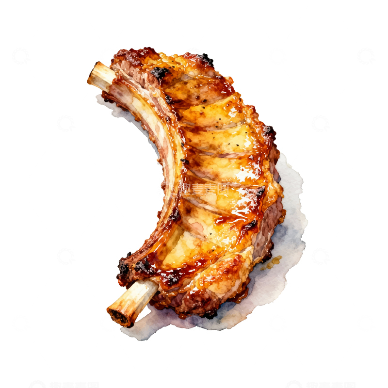 源文件下载【趣麦麦图】美味烤猪排水彩插画