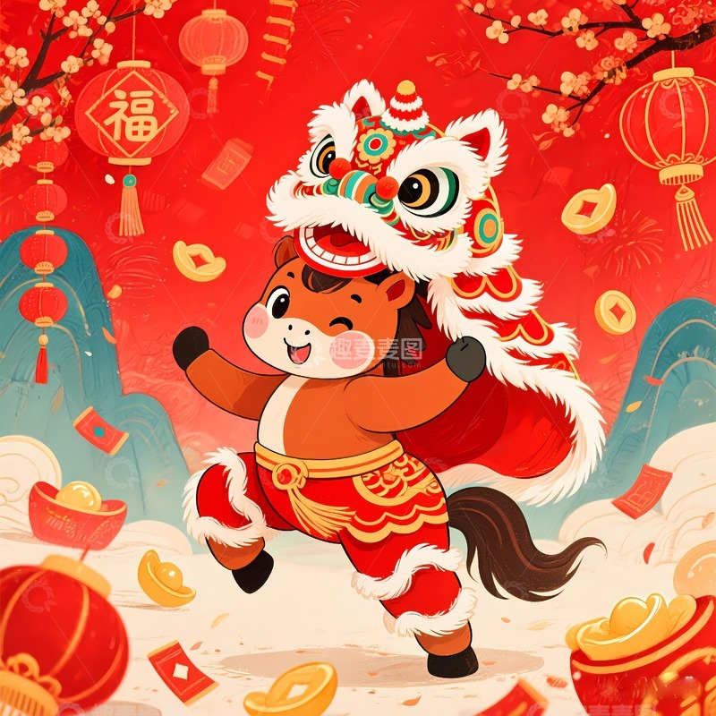 高清大图下载【趣麦麦图】2026年马年舞狮的小马