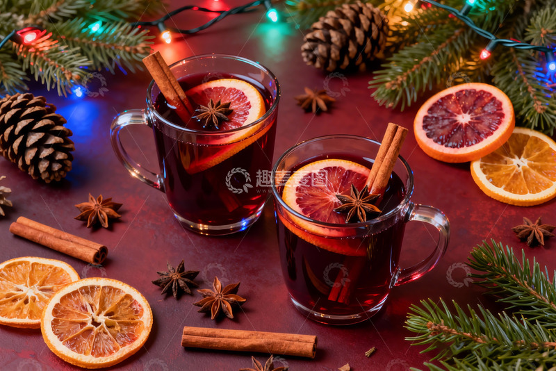 高清大图下载【趣麦麦图】双杯热红酒松果八角金色桌面氛围浓
