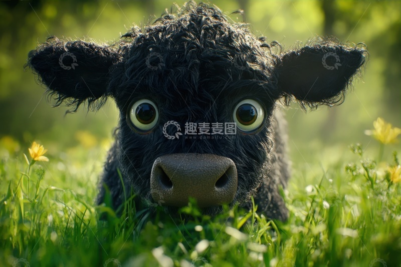 高清大图下载【趣麦麦图】草丛中的一头小黑牛