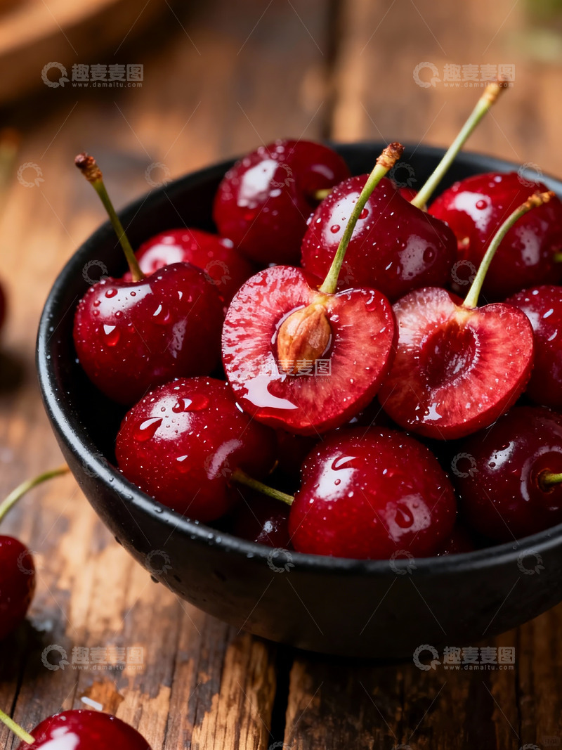 高清大图下载【趣麦麦图】-车厘子樱桃装黑碗0