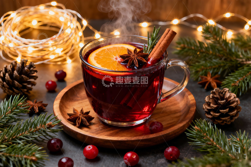高清大图下载【趣麦麦图】热红酒伴灯串松果星星饼蔓越莓温馨