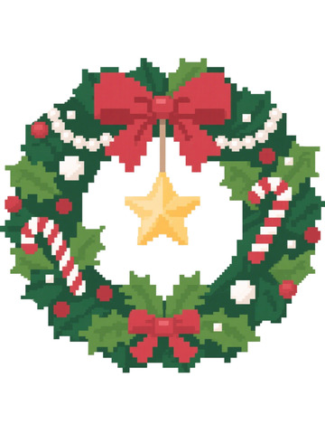 像素风圣诞装饰花环冬青星星珍珠蝴蝶结