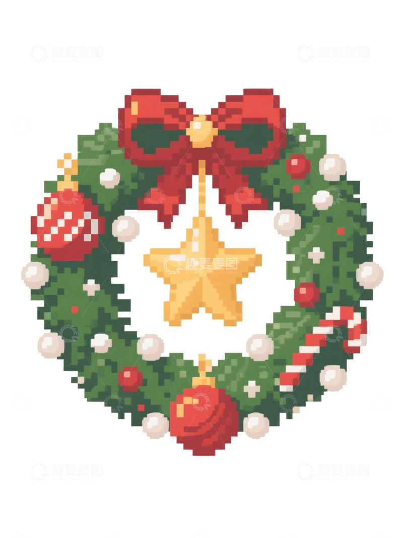 高清大图下载【趣麦麦图】像素风圣诞花环冬青星星珍珠圣诞球