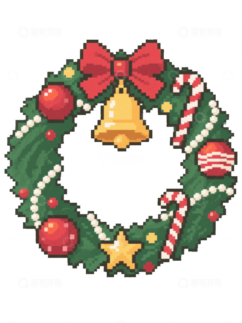 高清大图下载【趣麦麦图】像素风圣诞装饰花环冬青星星珍珠圣诞球