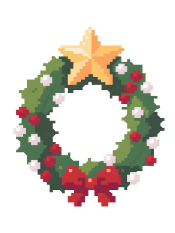 卡通像素风圣诞装饰花环冬青星星珍珠