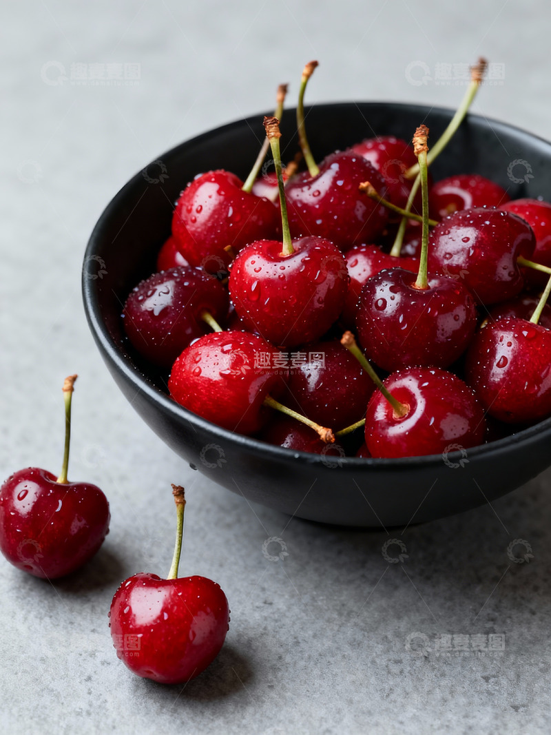 高清大图下载【趣麦麦图】-车厘子樱桃装黑碗