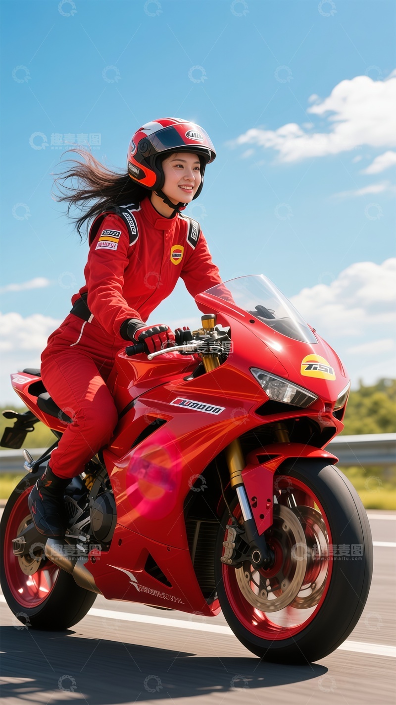 高清大图下载【趣麦麦图】速度与激情红色摩托车女骑士