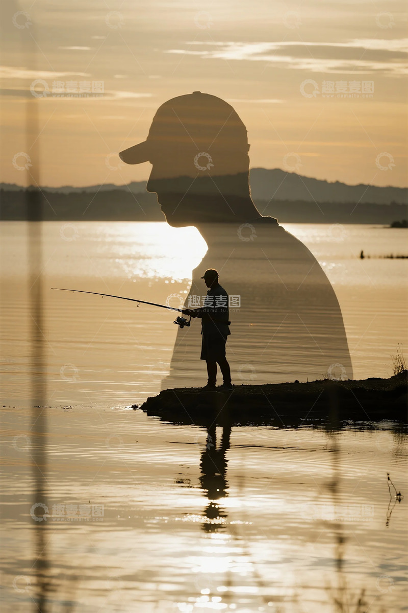 高清大图下载【趣麦麦图】剪影钓鱼夕阳风光摄影