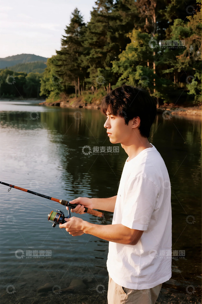 高清大图下载【趣麦麦图】湖畔钓鱼青年休闲照