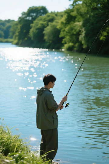 湖边钓鱼休闲时光