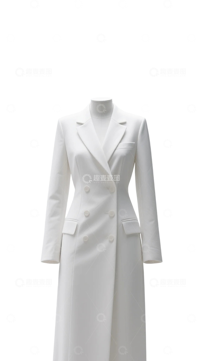 高清大图下载【趣麦麦图】纯白色双排扣女士风衣