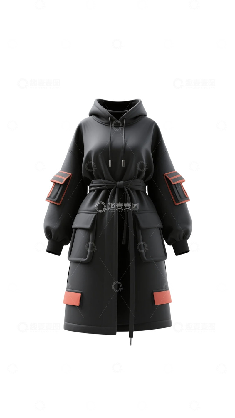 高清大图下载【趣麦麦图】黑色时尚连帽风衣