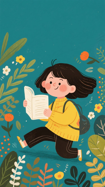 卡通女孩读书插画