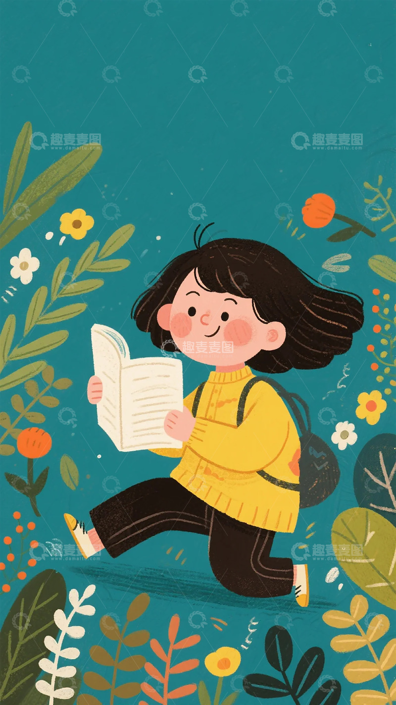高清大图下载【趣麦麦图】卡通女孩读书插画