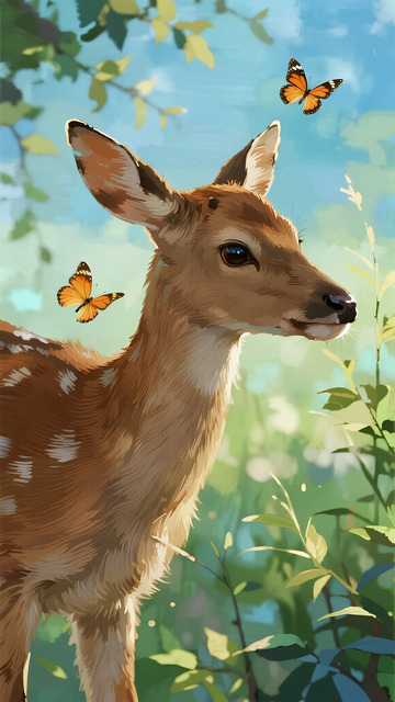 插画风格小鹿与蝴蝶和谐画面