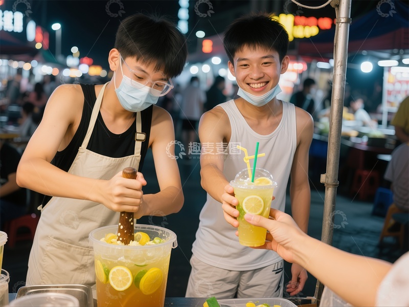 高清大图下载【趣麦麦图】夜市饮品互动生活摄影