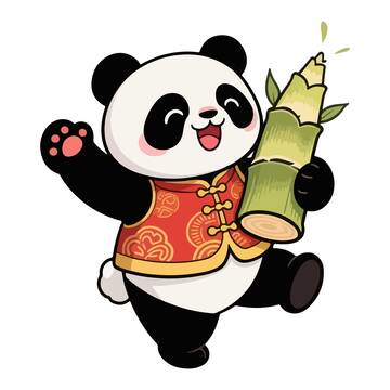 卡通熊猫拿竹子喜庆图案