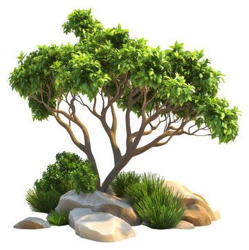 树与岩石和绿灌木