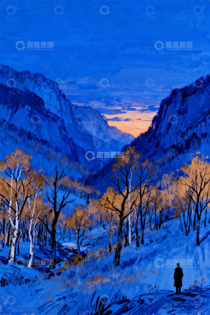 高清大图下载【趣麦麦图】秋日黄昏山谷钢笔画1