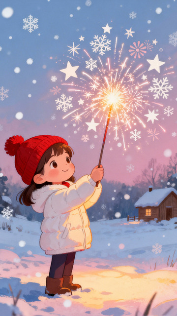 暖冬手绘小女孩放星星烟花