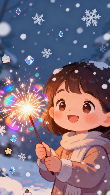 暖冬手绘小女孩放烟花
