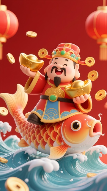喜庆财神骑鱼金币飘