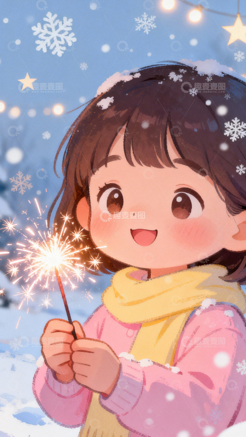 高清大图下载【趣麦麦图】暖冬手绘小女孩放烟花1