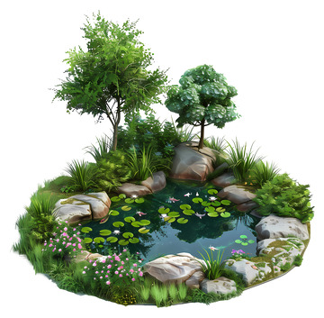 美丽的池塘与繁茂的绿植