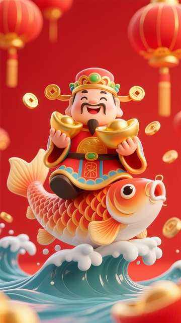 卡通财神鱼跃庆新春
