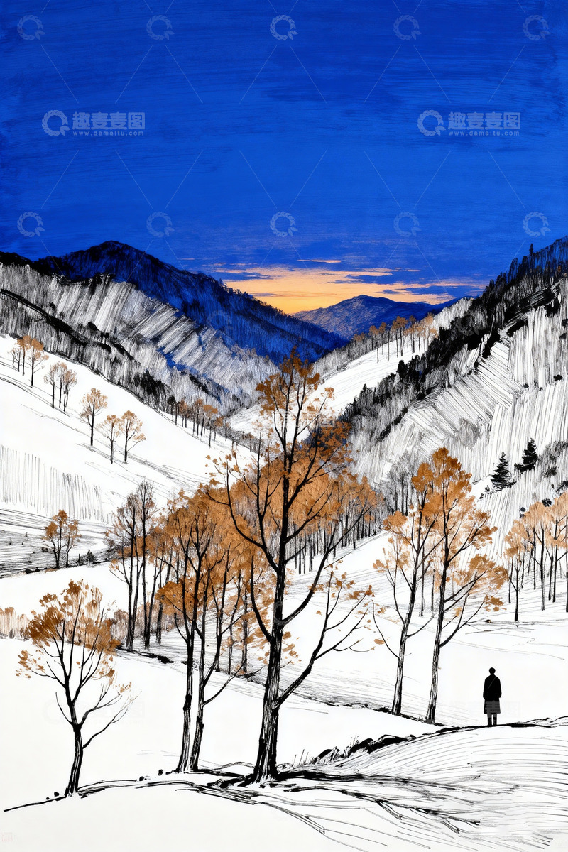 高清大图下载【趣麦麦图】秋日黄昏山谷钢笔画