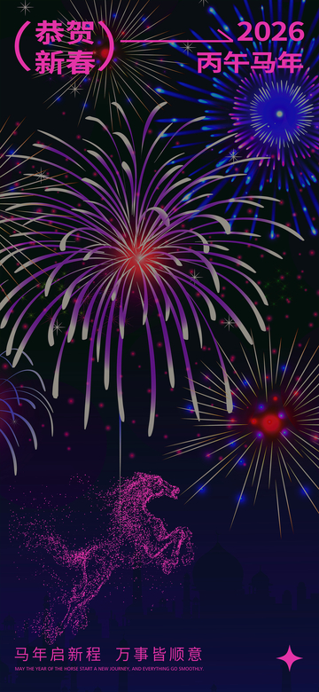 烟花庆新春马年祝福海报